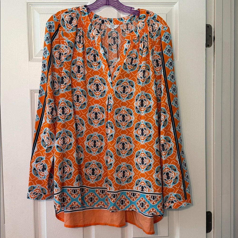 Crown & Ivy Orange and Blue Floral Top